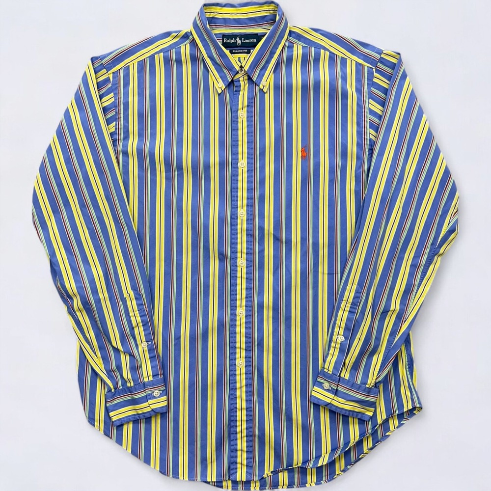 Ralph Lauren Button Down Shirt Men's Large Blue Yellow Striped Long Sleeve - Picture 2 of 13